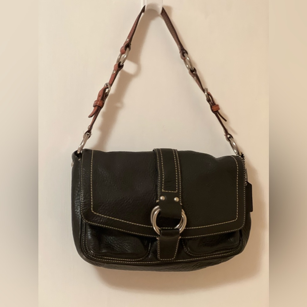 Coach Black Leather Shoulder Bag with Brown Strap Accents